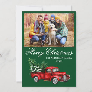 Tarjeta Festiva Watercolor Vintage Red Truck Photo Navidades Green