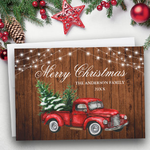 Tarjeta Festiva Watercolor Vintage Red Truck Wood Luces Navidades