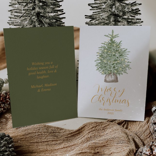 Tarjeta Festiva Watercolor Whimsical Gold Tree Merry Christmas (Subido por el creador)