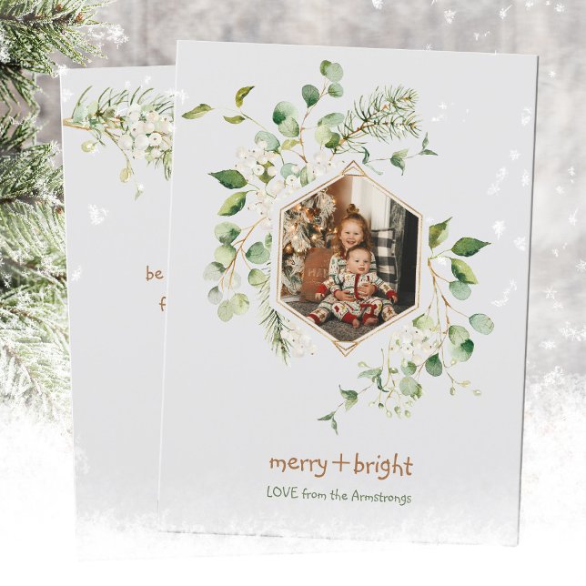 Tarjeta Festiva Watercolor White Berries Merry Bright (Watercolor White Berries Merry Bright Holiday Card ©Susanne Sachers - Sunny Mind Design 🌞)