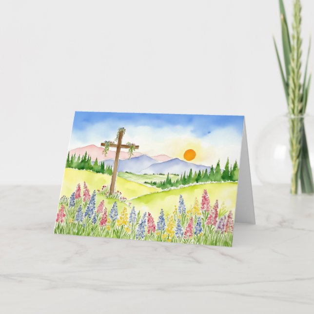 Tarjeta Festiva Watercolor Wildflower Mountain Cross 5 Easter (Anverso)