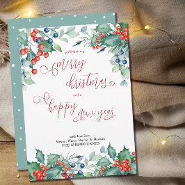 Tarjeta Festiva Watercolor Winter Berries Holly Calligraphy