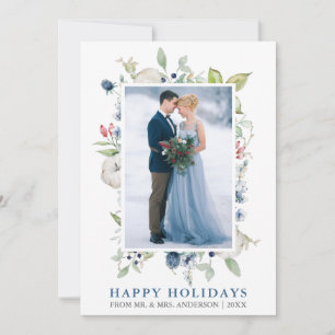 Tarjeta Festiva Watercolor Winter Blue Floral de Nueva York