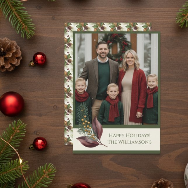 Tarjeta Festiva Watercolor Winter Botanical Pattern (Photo Holiday card)