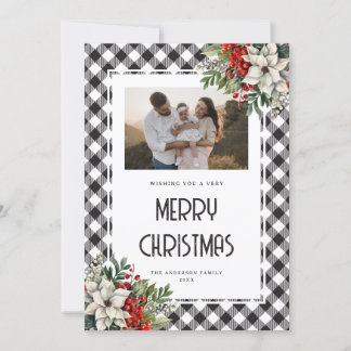 Tarjeta Festiva Watercolor Winter Botanicals Black Plaid Navidades