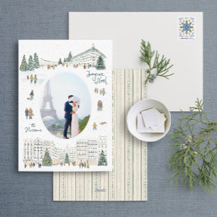 Tarjeta Festiva Watercolor Winter Cityscape Navidades de fotografí