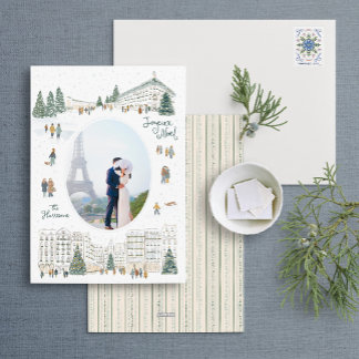 Tarjeta Festiva Watercolor Winter Cityscape Navidades de fotografí