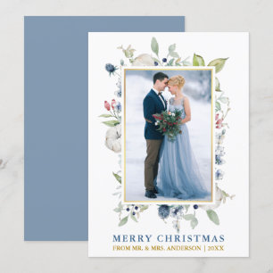 Tarjeta Festiva Watercolor Winter Floral Dusty Blue Gold Recién