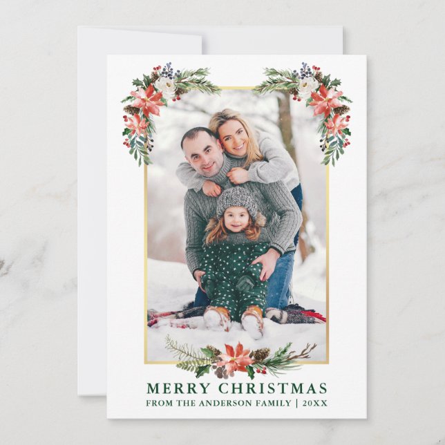 Tarjeta Festiva Watercolor Winter Floral Gold Frame Photo (Anverso)
