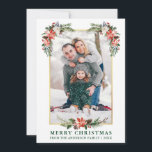 Tarjeta Festiva Watercolor Winter Floral Gold Frame Photo<br><div class="desc">Elegante acuarela Floral de invierno Fotos de la navidad Merry incluye hermosas poinsettias de color rojo acuático,  vegetación botánica,  follaje de invierno,  bayas huecas,  rosas blancas,  algodón,  conos de pino y bayas azules. Marco dorado. Texto verde.</div>