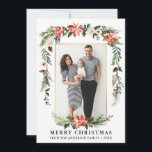 Tarjeta Festiva Watercolor Winter Floral Photo Gold Frame<br><div class="desc">Elegante acuarela Floral de invierno Fotos de la navidad Merry incluye hermosas poinsettias de color rojo acuático,  vegetación botánica,  follaje de invierno,  bayas huecas,  rosas blancas,  algodón,  conos de pino y bayas azules. Marco dorado.</div>