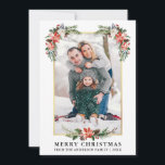 Tarjeta Festiva Watercolor Winter Floral Photo Gold Frame<br><div class="desc">Elegante acuarela Floral de invierno Fotos de la navidad Merry incluye hermosas poinsettias de color rojo acuático,  vegetación botánica,  follaje de invierno,  bayas huecas,  rosas blancas,  algodón,  conos de pino y bayas azules. Marco dorado.</div>