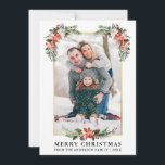 Tarjeta Festiva Watercolor Winter Floral Photo Gold Frame<br><div class="desc">Elegante acuarela Floral de invierno Fotos de la navidad Merry incluye hermosas poinsettias de color rojo acuático,  vegetación botánica,  follaje de invierno,  bayas huecas,  rosas blancas,  algodón,  conos de pino y bayas azules. Marco dorado.</div>