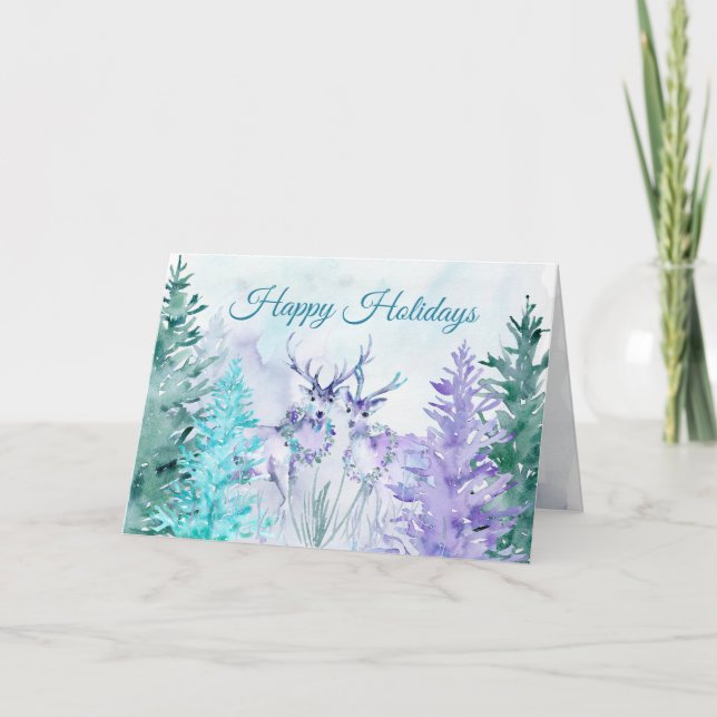 Tarjeta Festiva Watercolor Winter Wonderland Felices Fiestas (Anverso)
