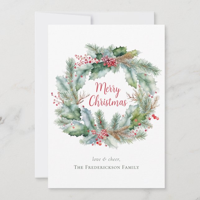 Tarjeta Festiva Watercolor Wreath Merry Christmas Personalizado (Anverso)