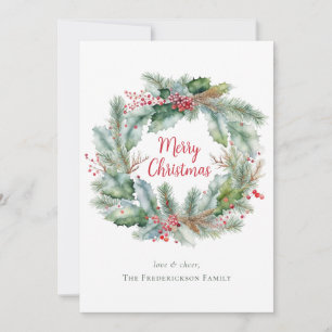 Tarjeta Festiva Watercolor Wreath Merry Christmas Personalizado