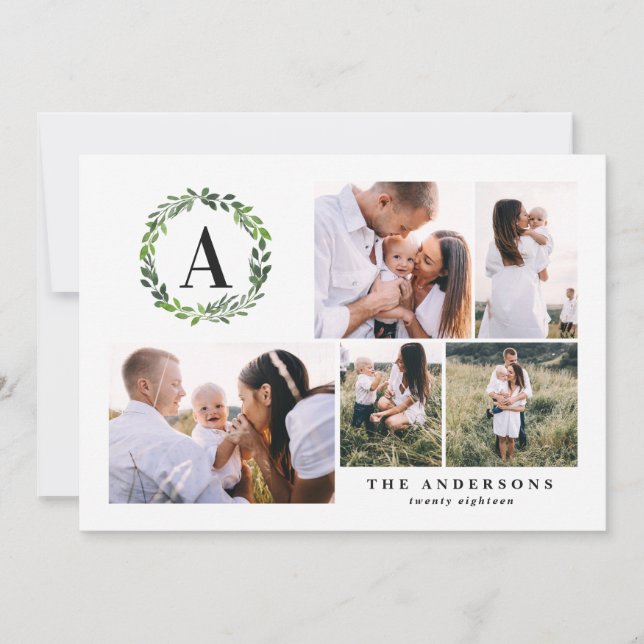 Tarjeta Festiva Watercolor wreath multifoto inicial (Anverso)