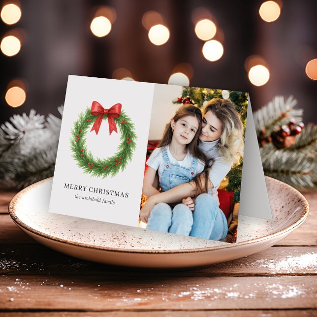 Tarjeta Festiva Watercolor Wreath Photo Modern Navidades (Subido por el creador)