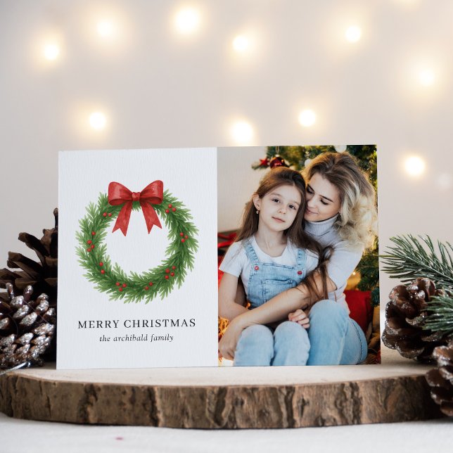 Tarjeta Festiva Watercolor Wreath Photo Modern Navidades (Subido por el creador)