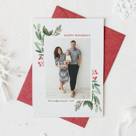 Tarjeta Festiva WatercolorRed Winterberry y Holly Photo