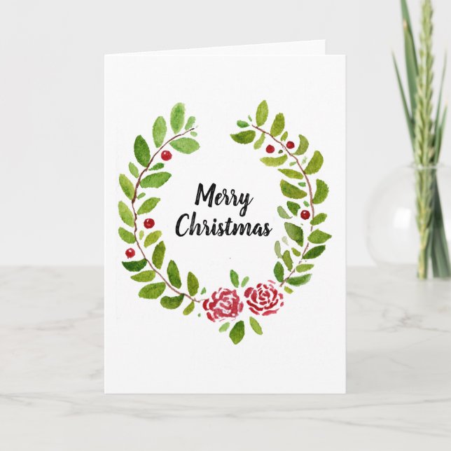 Tarjeta Festiva Watercolour Wreath Holly Christmas Card (Anverso)