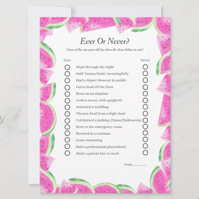 Tarjeta Festiva Watermelon First Birday Ever o Never game card (Anverso)