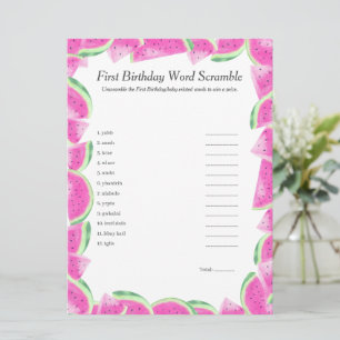 Tarjeta Festiva Watermelon First Birday Word Scramble Game card