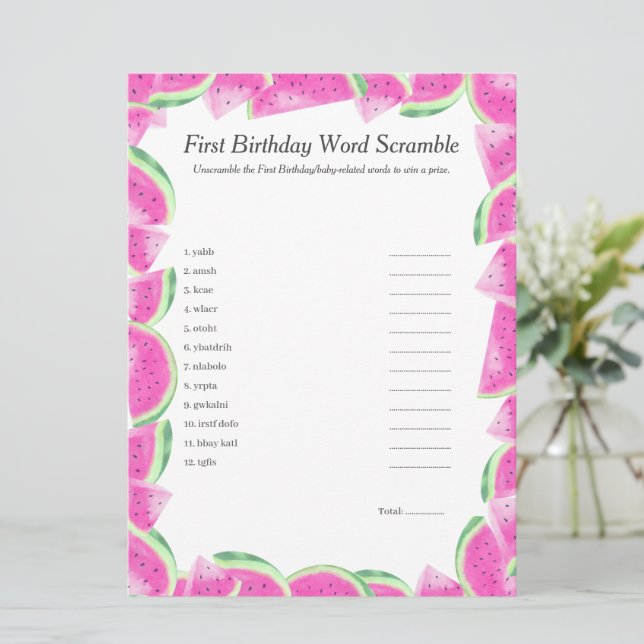 Tarjeta Festiva Watermelon First Birday Word Scramble Game card (Anverso de pie)