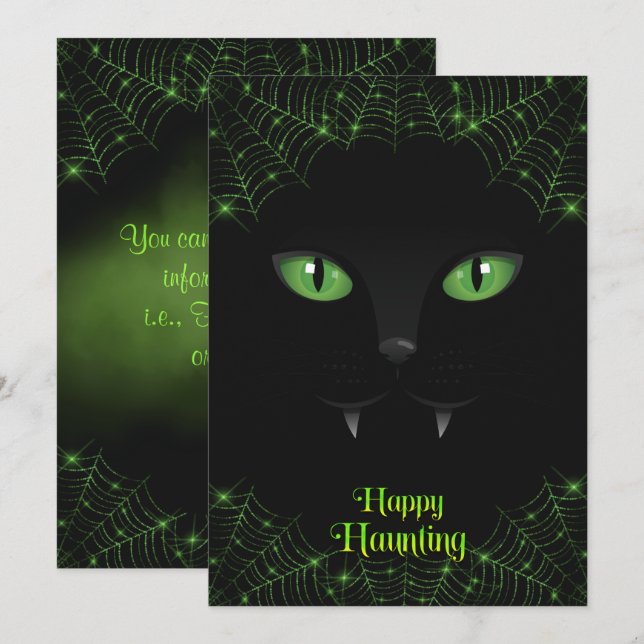 Tarjeta Festiva Webs verdes de gato negro de Halloween (Anverso / Reverso)