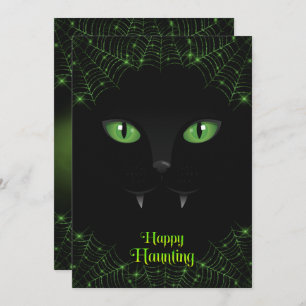 Tarjeta Festiva Webs verdes de gato negro de Halloween