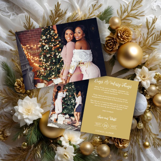 Tarjeta Festiva Wedding Exclusive Whimsical Golden Script 2 Photos (Exclusive Whimsical Gold Typography Rings & Merry Things Quote Holidays as a Save the date Card.)