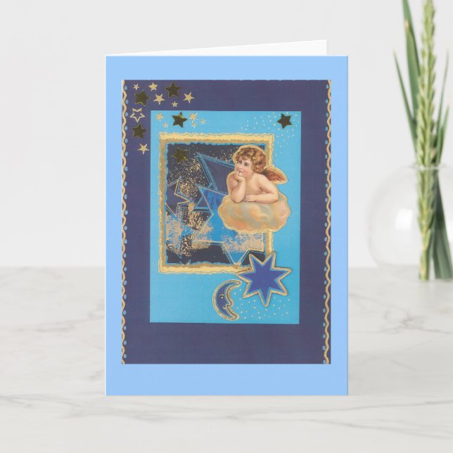 Tarjeta Festiva “Weihnachts ángeles en nube en azul " (Anverso)