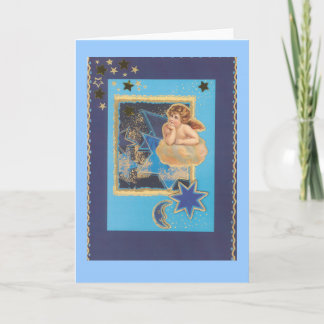 Tarjeta Festiva “Weihnachts ángeles en nube en azul "
