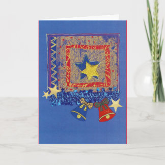 Tarjeta Festiva Weihnachtsglocken y estrellas en azulgrana