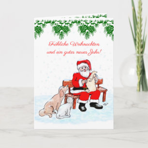 Tarjeta Festiva Weihnachtsmann mit Hund Katze auf Deutsch