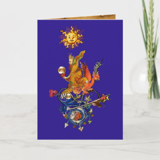 Tarjeta Festiva WEIRD MEDIEVAL BESTIARY,ALCHEMIST,RED DRAGON,Blue