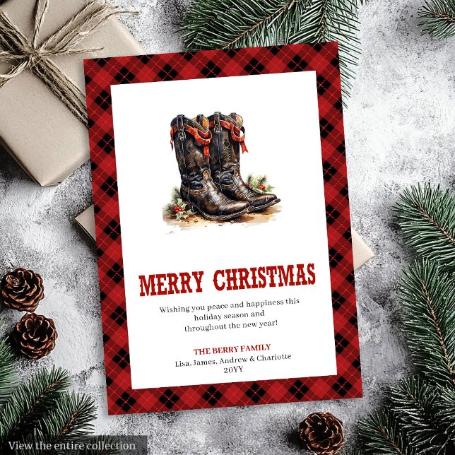 Tarjeta Festiva Western Boots Buffalo Plaid Tartan Christmas Card (Western Boots Buffalo Plaid Tartan Christmas Card)