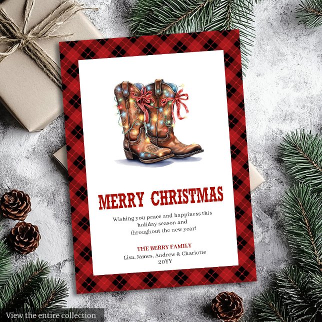 Tarjeta Festiva Western Christmas card red buffalo plaid tartan (Western Christmas card red buffalo plaid tartan

)