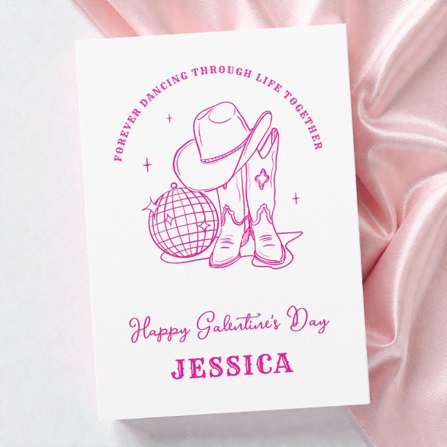 Tarjeta Festiva Western Cowgirl Pink Script Happy Galentine's Day (Western Cowgirl Pink Script Happy Galentine's Day Holiday Card)