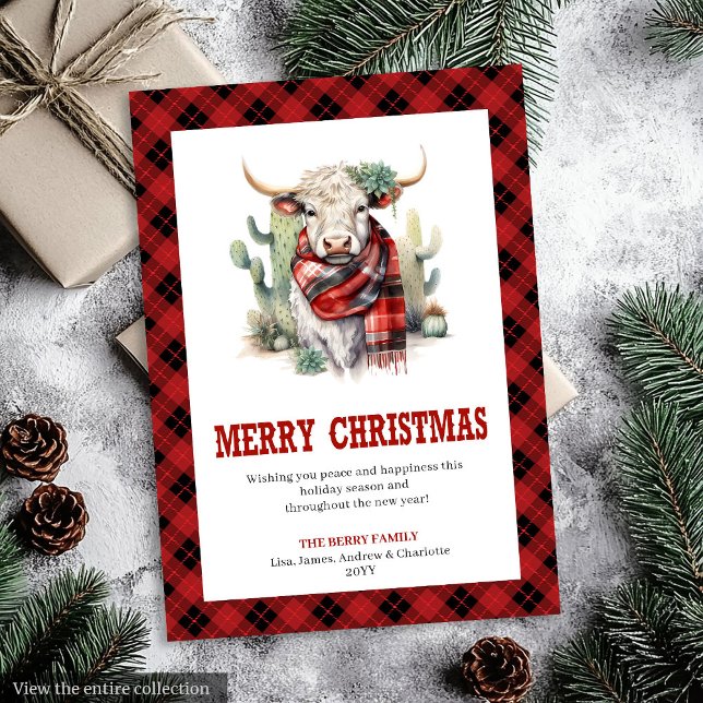 Tarjeta Festiva Western Ranch Cow Red Plaid Buffalo Holiday Card (Western Ranch Plaid Buffalo Holiday Card)