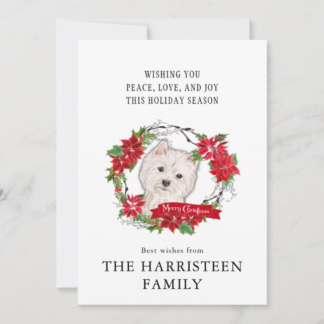 Tarjeta Festiva Westhighland Terrier Watercolor Poinsettia Wreath (Anverso)
