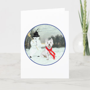 Tarjeta Festiva Westie de invierno con un muñeco de nieve
