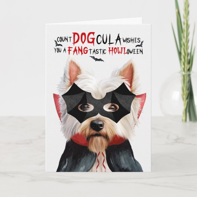 Tarjeta Festiva Westie Dog Funny Count DOGcula Halloween (Anverso)