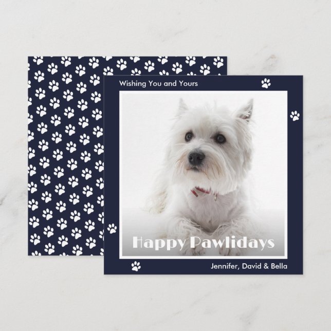 Tarjeta Festiva Westie Dog Paw Prints Pet Photo Blue (Anverso / Reverso)