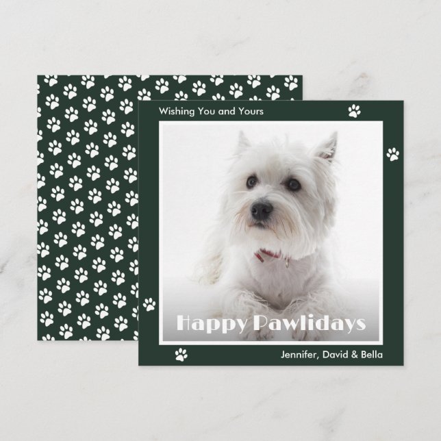 Tarjeta Festiva Westie Dog Paw Prints Pet Photo Green (Anverso / Reverso)