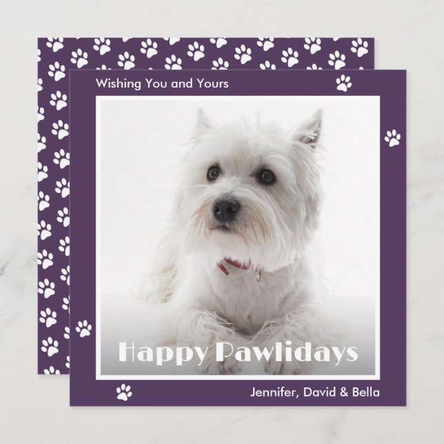 Tarjeta Festiva Westie Dog Pet Photo Paw Prints Purple (Anverso / Reverso)