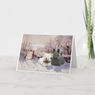 Tarjeta Festiva Westie & Scottie Winter Magpie