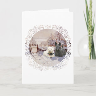 Tarjeta Festiva Westie y Scottie Urraca de Invierno