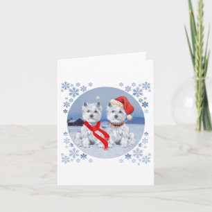 Tarjeta Festiva Westies gemelas en una noche invernal
