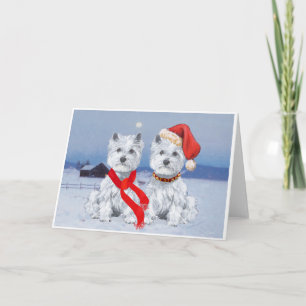 Tarjeta Festiva Westies gemelos en una noche invernal